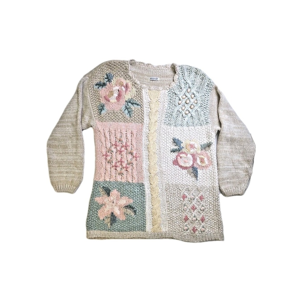 Vtg Patchwork Chunky Knit Pastel Floral Cottage Sweater Tunic Pastel Hand Knit L
